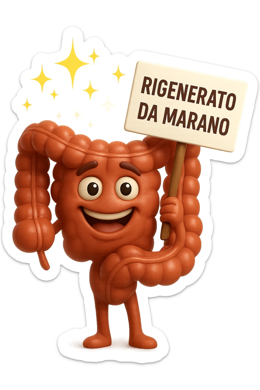 fammi un intestino identico a questo, ma felice e con le scintille di splendore dorate sopra, si sta rinnovando come se fosse in ottima salute, in mano ha un cartello con la scritta "RIGENERATO DA MARANO" sticker