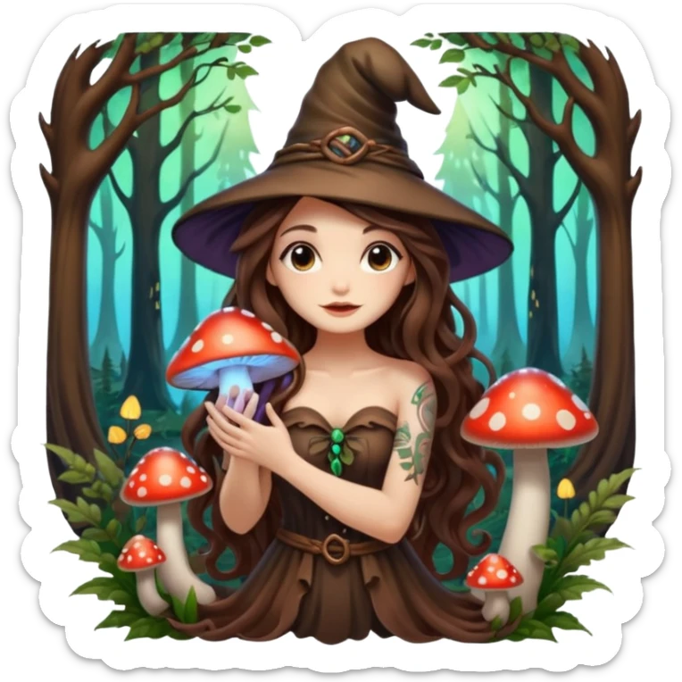 cute forest witch woman long wavy brown hair tattoos hugging glowing mushroom sticker