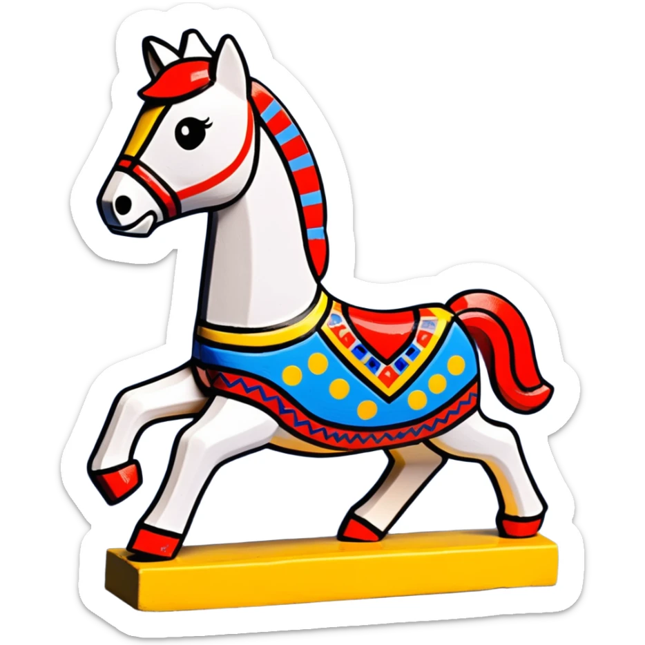 Dymkovo toy horse, traditional Russian clay figurine with colorful geometric patterns, white base with red, blue and yellow decorations sticker