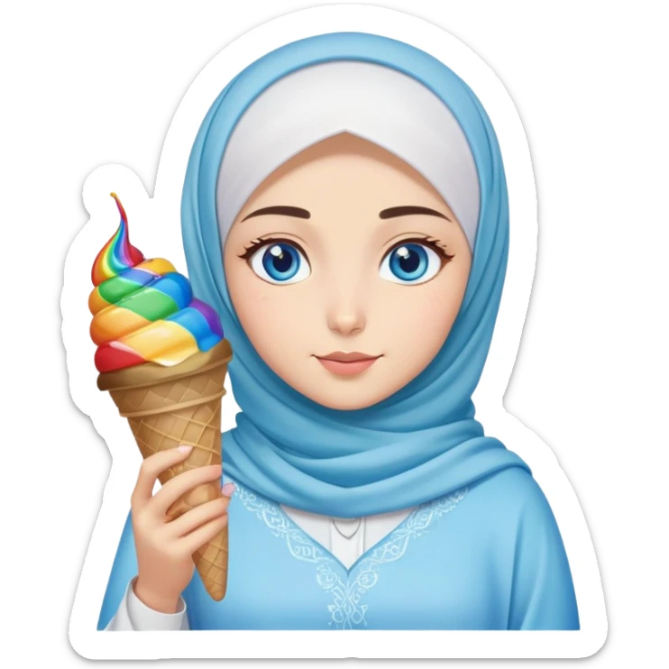 Turkish beautiful finish Konya girl blue eyes with ice cream hijab islamic dress and had on her hand rainbow ice cream  sticker