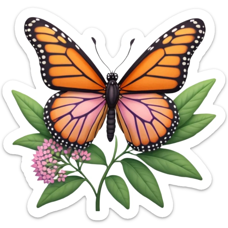 very detailed milkweed plant with a monarch butterfly, intricate cut paper textures, green leaves, pink and purple flower clusters, realistic orange and black butterfly sticker
