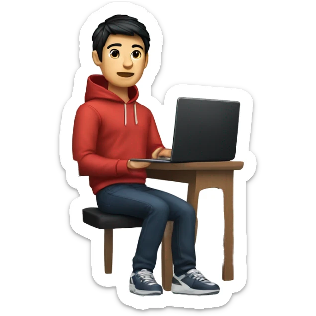 memoji of a man with a laptop in front, apple-style, chinese, navy hoodie, modern,black hair,computer in hand,sitting on a chair sticker