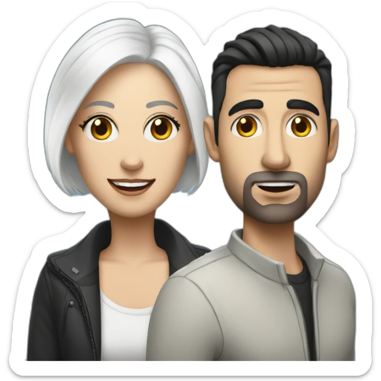 White man with dark hair next to a white woman with very short white hair, podcasting with mics and a MacBook sticker