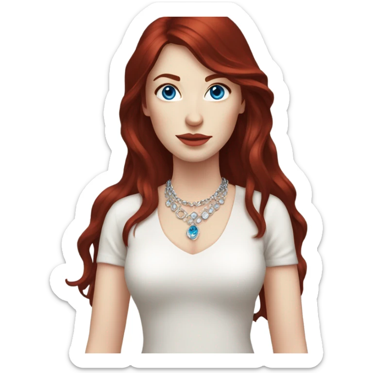 woman with pale skin, blue eyes and long dark red hair with layers and bangs, wearing a white top and silver jewellery sticker