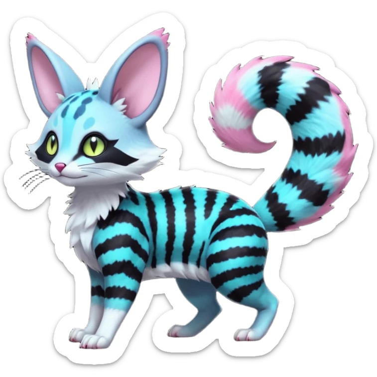 Fantasy abyssal pitch-Black-coated fur with glowing bioluminescent random colorful neon-markings divine beautiful elegant pretty precious cute young youthful  Fakémon-Pokémon-alien-opossum-feline-serval-caracal-chinchilla-Minccino-hybrid-creature with a big fluffy bushy striped tail (full body) sticker