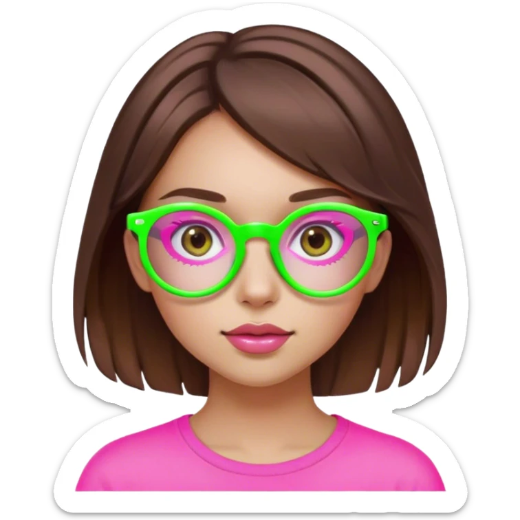Make a girl with pink round glasses brown eyes and hair with a neon green hair sticker
