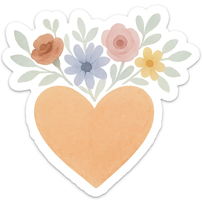 an orange heart with a crown of colorful flowers, watercolor style, soft and textured sticker