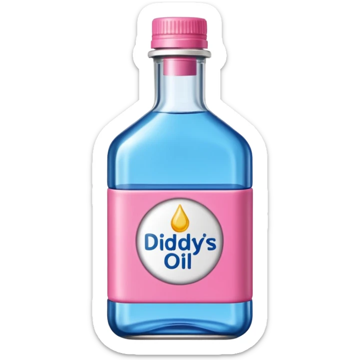 bottle of oil blue top pink outside with logo that says Diddys Oil sticker