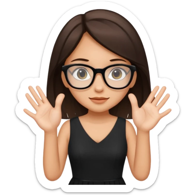 a cute white brunette girl in a black dress wearing glasses  with two hands  sticker