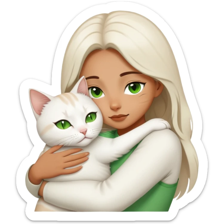 a closing eye girl hugs a white jinjila cat,the cat’s eyes are open and green  sticker