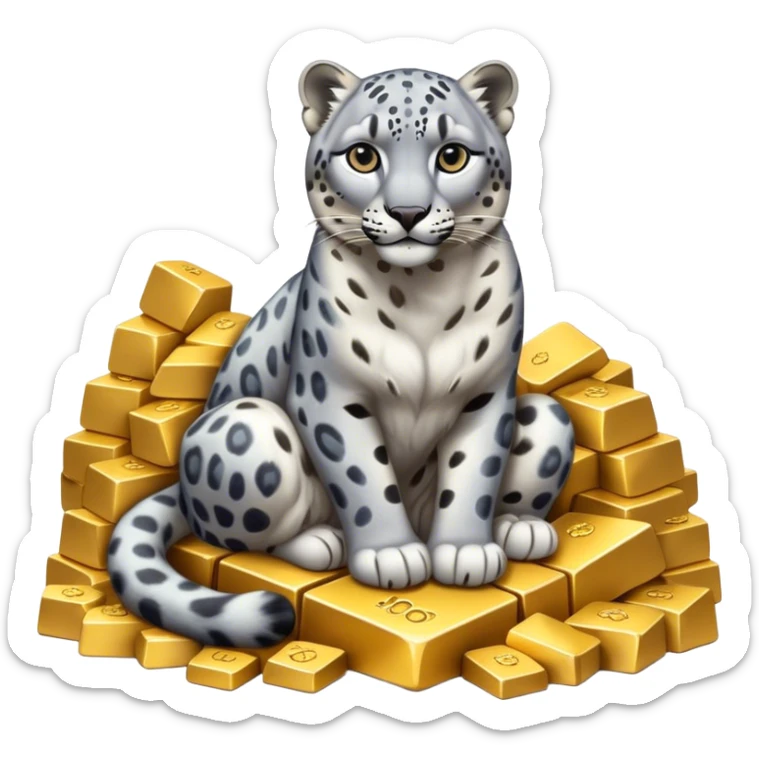 photorealistic snow leopard symbol of Kazakhstan sitting on pile of gold sticker
