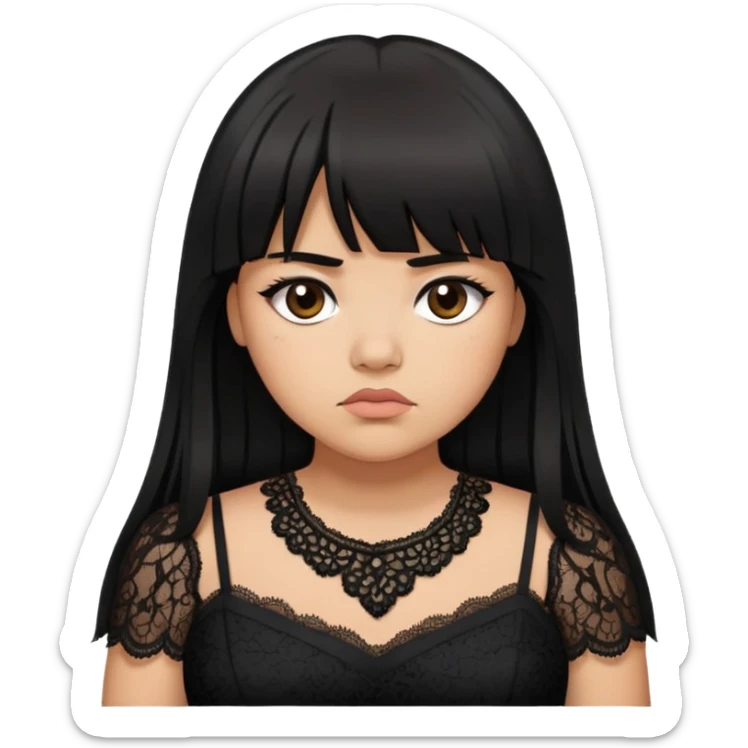 Latina girl with bangs long black layered hair plus size black lace dress disappointed  sticker