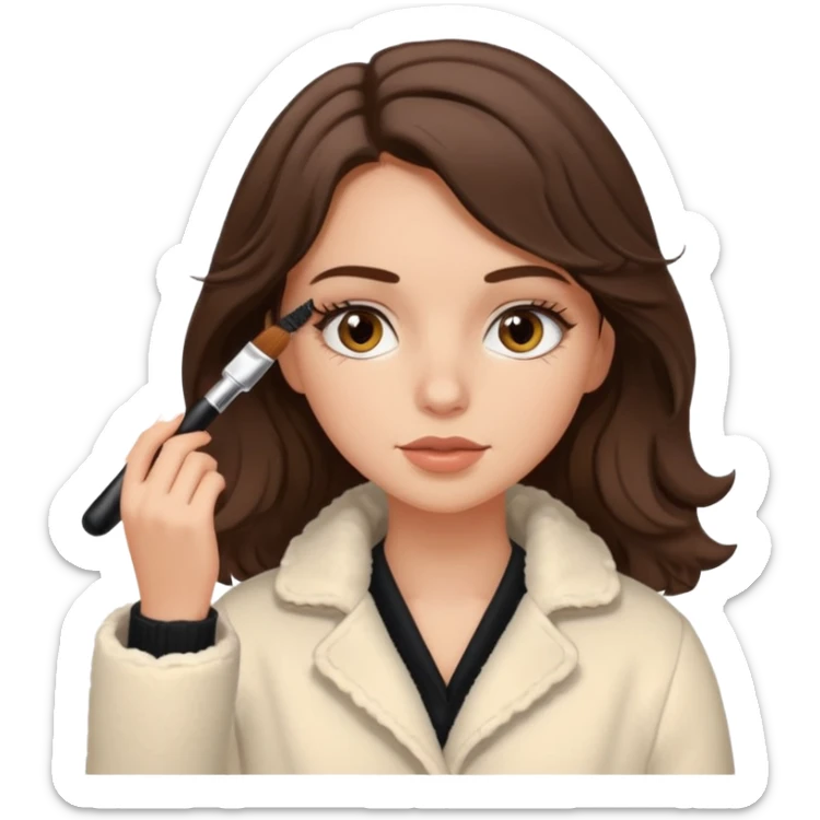 Garota branca de cabelos levemente ondulados castanhos escuros médio aplicando máscara de cílios, ela veste casaco off white estilo cozy sticker