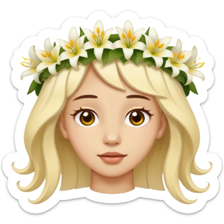 Emoji Face upside down 🙃, with a flower crown on his head, a crown of small white and yellow lilies sticker