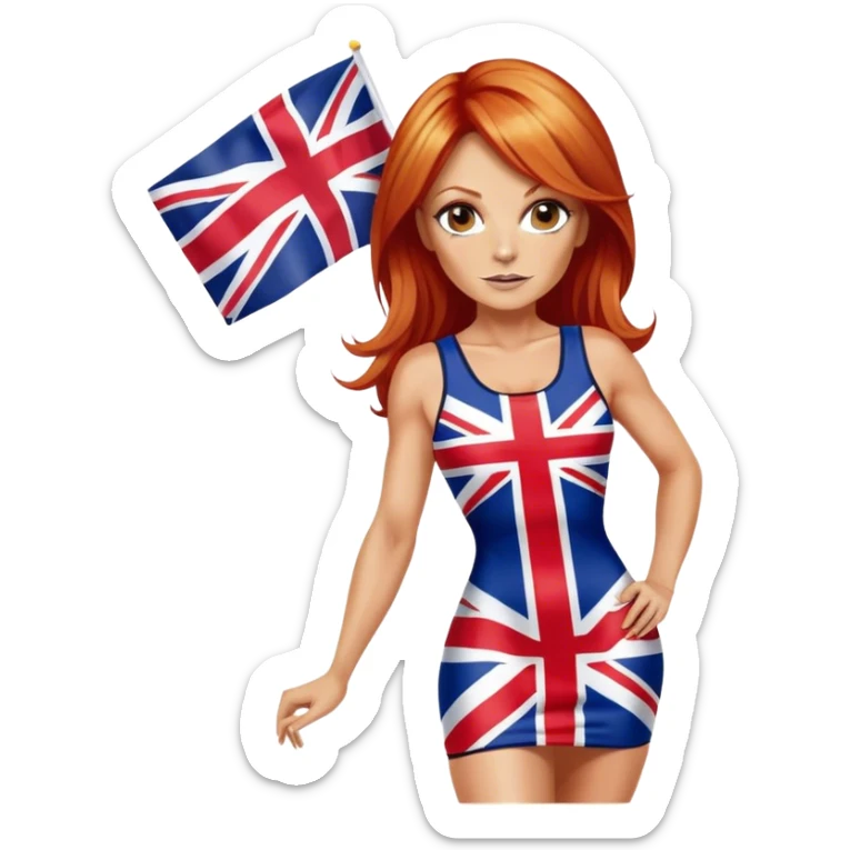 Geri Halliwell with red hair and blonde highlights wearing a short bodycon uk flag dress sticker