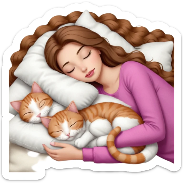 girl with long wavy brown hair, brown eyes, long lashes makeup, sexy pink lips, light to medium complexion,  sleeping on a cozy pillow, with 6 cats: 1 brown and white tabby cat, 1 ginger and white, 2 grey and white, 1 grey with white mittens and small white patch on chest and 1 calico, sleeping sticker
