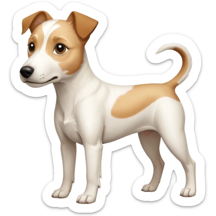 a full body buff white parson russell terrier looking dog the size of a kelpie with light brown long ears and a light brown patch on one eye and a large snout. the rest of the dog is completely white. forward facing sticker