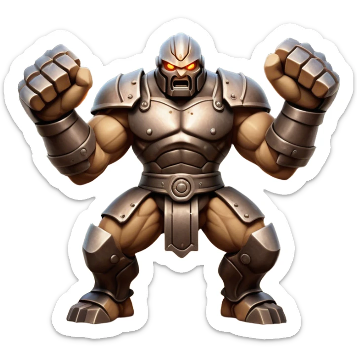 Cinematic Fierce Mighty Iron Golem Portrait Emoji Depicted mid-action in a dynamic, battle-ready stance, massive fists clenched, the ancient metallic plates along its form shifting with raw power. Its eyes blaze like molten fire within a carved, rune-etched face, exuding both divine purpose and mechanical precision. Weathered steel and dark bronze tones are accented by glowing, arcane inscriptions, each detail meticulously crafted with lifelike metallic reflections. High shine, imposing yet regal, styled with an air of indestructible might, soft glowing outline, capturing the essence of an unstoppable colossus that looks ready to charge forth with a thunderous step! sticker