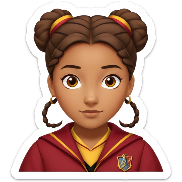 Tiana Benjamin is Angelina Johnson in harry potter, wear hogwarts gryfindor uniform,  thick, brown 1 bun hair , reflecting her bold, stylish, and strong personality sticker