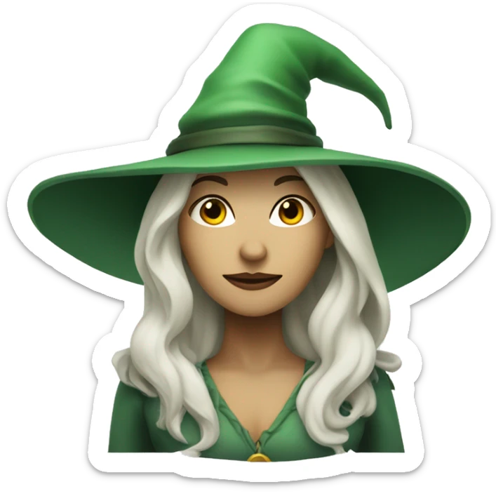 A woman with white skin and white long hair and witch's hat and green clothes ifnj sticker