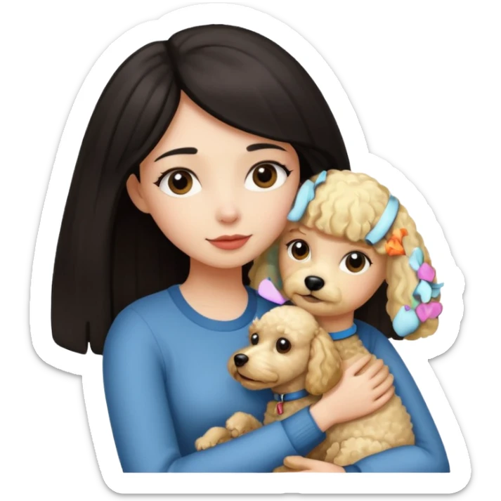 Ludo (ragazza mora capelli lisci) che abbraccia il suo cane (un barboncino biondo) sticker