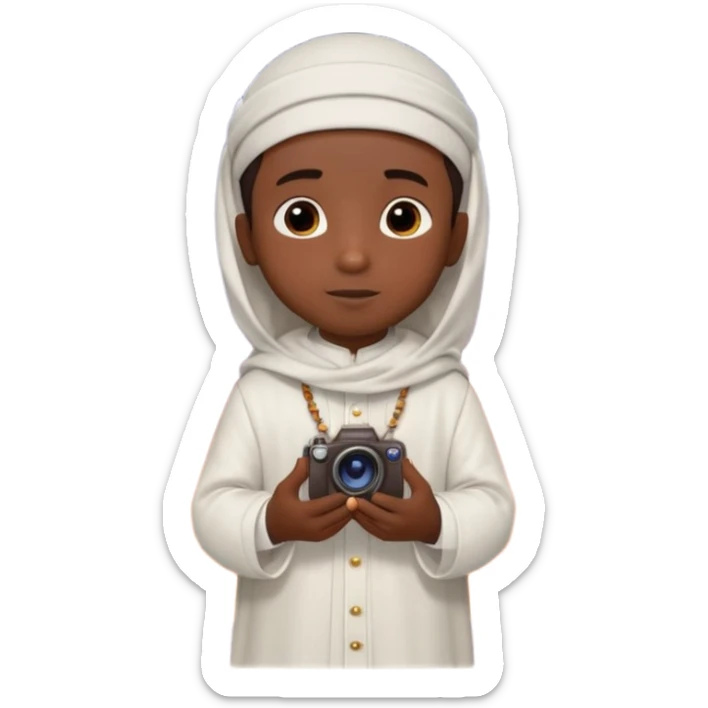 Personnage 3D mignon en style Pixar, un petit garçon portant un qamis blanc et un kufi, tenant un tapis de prière, entouré de lanternes brillantes, fond doux, couleurs chaudes, garçon teint noir TENANT UN APPAREIL PHOTO sticker