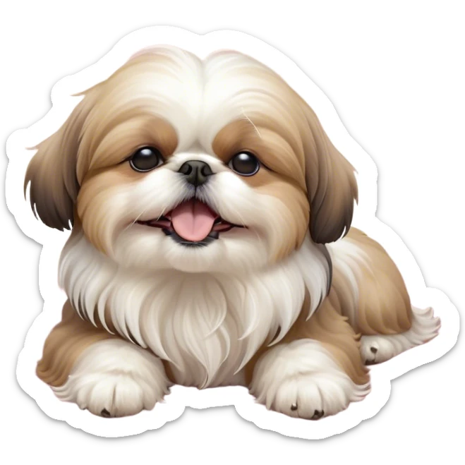 Cinematic Cute Yawning Shih Tzu Portrait Emoji, Head gently tilted with an irresistibly cute yawn and sleepy, half-closed eyes, showcasing a luxurious, fluffy fur in gentle pastel tones, simplified yet endearingly detailed, glowing with a soft, drowsy radiance, high shine, exuding tender, sleepy charm, styled with a delicate, soft glowing outline, capturing the essence of a Shih Tzu caught in a moment of adorable, sleepy bliss! sticker