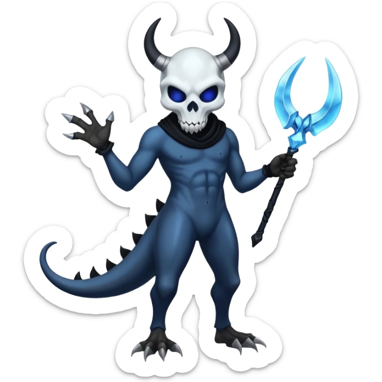 Shiny Dark Edgy  Duskull-Inteleon-Amaura-Fakémon-hybrid-creature (full body) with a horned animal-skull-mask sticker