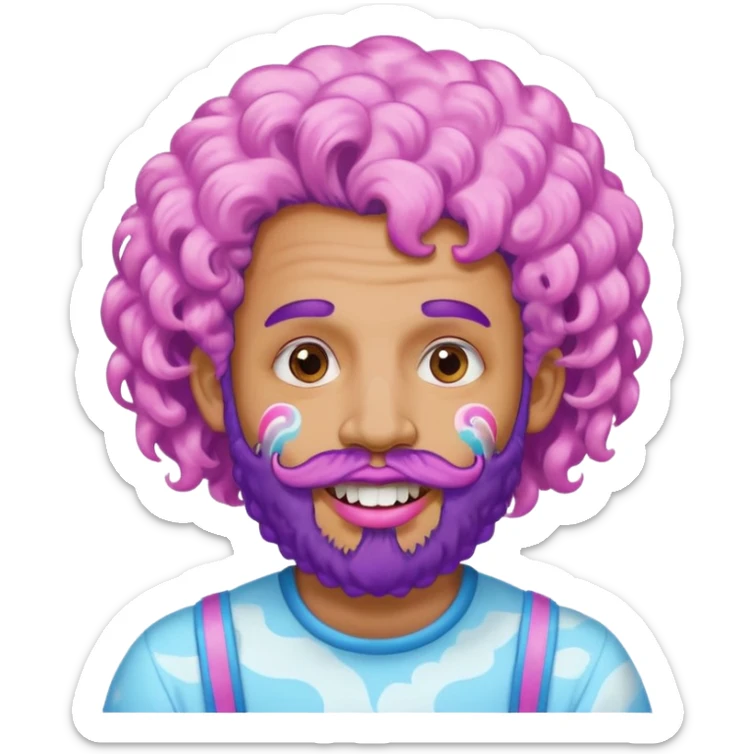 very colorful puffy violet curly haired man beard made out of cotton candy wearing teeth-braces and excessive face tattoos just face  sticker