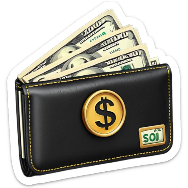 Rich emoji style black leather wallet with dollar bills, luxury money vibe, premium 3D emoji, ultra clean, high detail, no background
 sticker