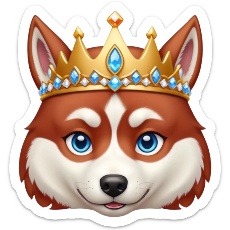 cute, disney-style red siberian husky with blue eyes wearing a bejeweled crown sticker