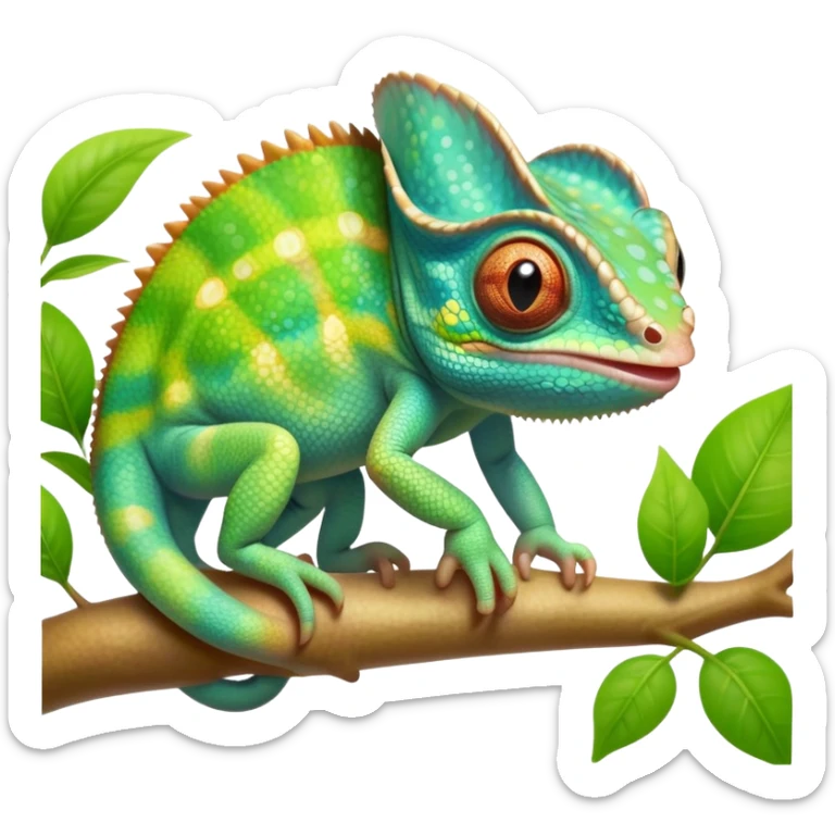 cinematic cute-smiling baby chameleon-realistic emoji,-blending-with-vibrant-greenery.-detailed-scales-in-shifting-colors,-showing-the-chameleon’s-ability-to-camouflage.-soft-natural-light-highlights-its-texture.-light-background, zoomed into its face sticker