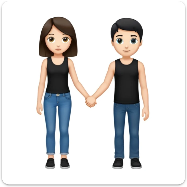 A girl with long brown hair holding the hand of a boy with short black hair, she wearing a black tank top with flared blue jeans, he wearing a black t-shirt with grey jeans, couple in love sticker