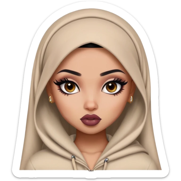 nijabi, pretty lips, clothes, pale tattoed skin,  dark brown eyes, pretty bratz baddie, black eyeliner sticker