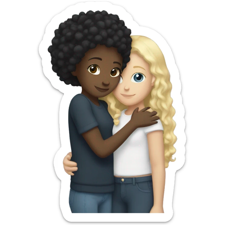 Black girl with straight black hair hugging a white girl with curly blonde hair sticker