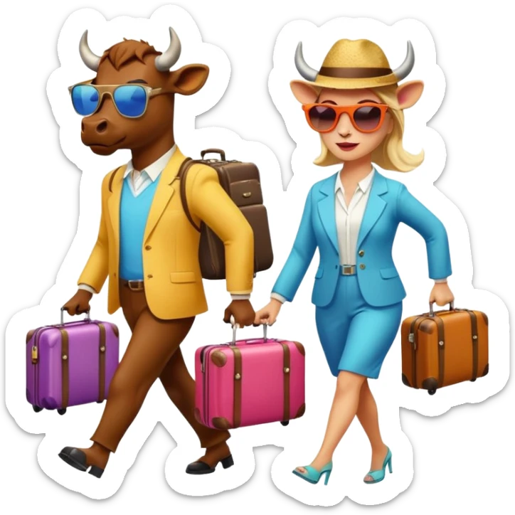 generate an emoji of a group of up to 8 male and female bulls travelling together on holidays. One bull has a suitcase, one has sunglasses, one is carrying a cocktail. They're all in motion, walking together. Make the characters look like bulls. They wear summer clothes. Suitcases are colourful sticker
