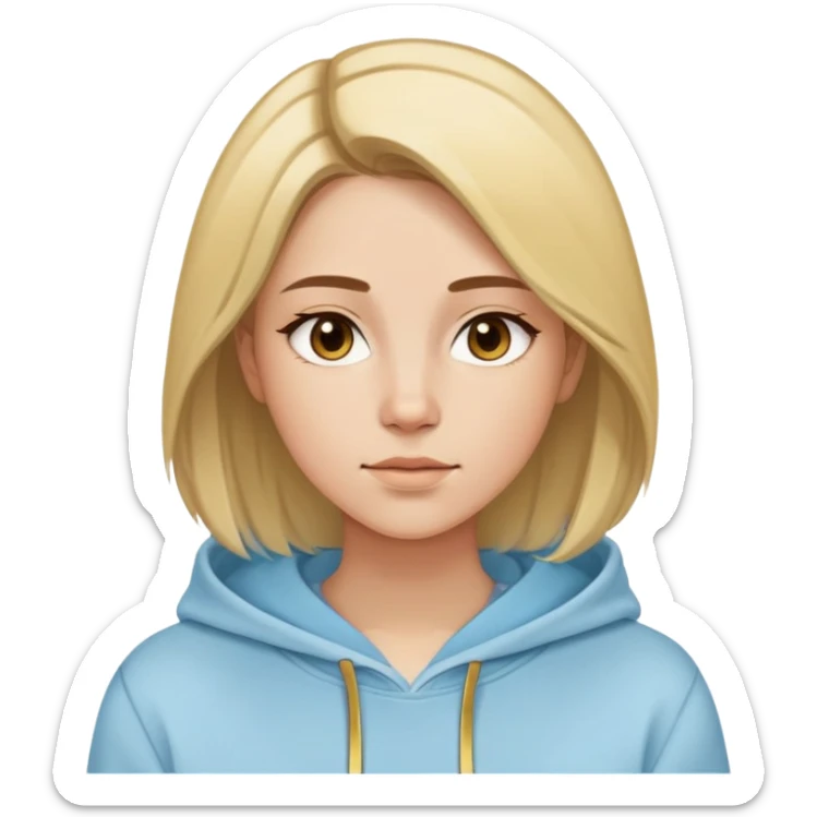 Woman with oval face, straight brown hair with blonde highlights parted to the side, dreamy expression, wearing a light blue hoodie with gold and white accents sticker