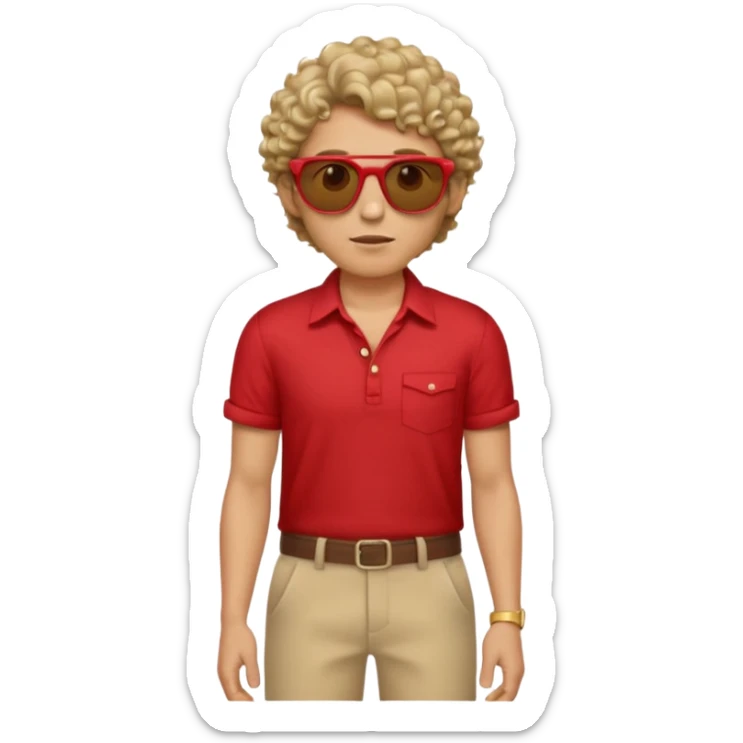 Emoji-style man in a red untucked shirt with rolled sleeves, beige trousers, and sunglasses. Short curly box-cut hair, long triangular face. Looking sideways, removing sunglasses with one hand, the other on his waist. sticker