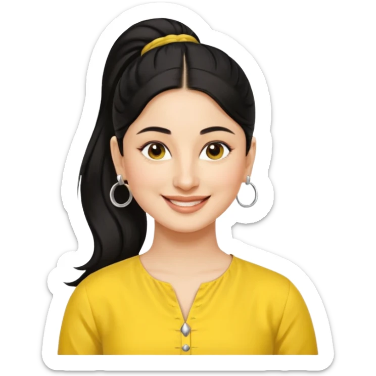 generate a pretty bratz emoji that looks like Kareena Kapoor's Geet character. 
Make her wear a yellow kurti, silver hoops, black hair in a ponytail. smiling big

She should look like Kareena Kapoor sticker