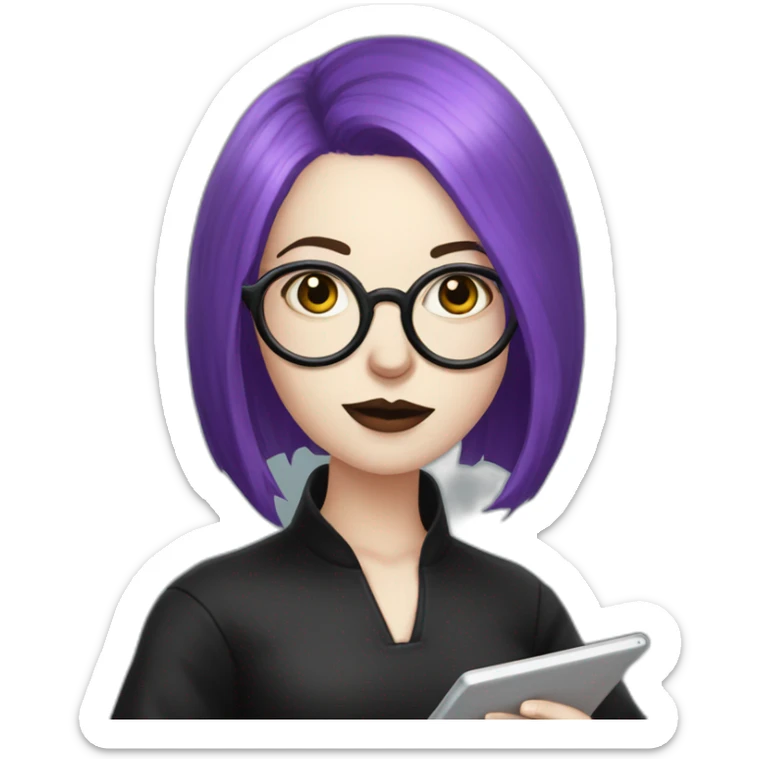 goth woman with long side parted purple hair and oval glasses, pale skin, taking notes on a tablet sticker