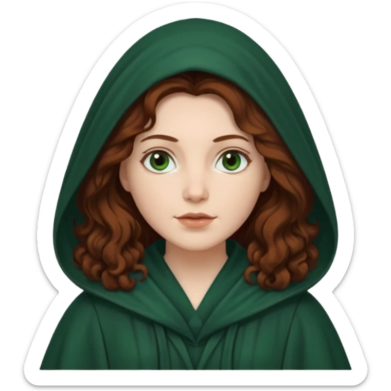 A white woman, a little heavier face, with long dark auburn hair robed and hooded like she's a Traitor in the tv show The Traitors. her hair is slightly curly, but kinda frizzy, not with defined curls, and the robe is a very dark green color sticker
