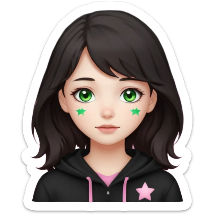 A cute girl with white skin, dark wavy hair just below her shoulders, green eyes, fair skin, a soft pink blush, and burning stars in her eyes. She has a thin neck and is wearing a black hoodie. The girl has long bangs styled on both sides of her face. sticker