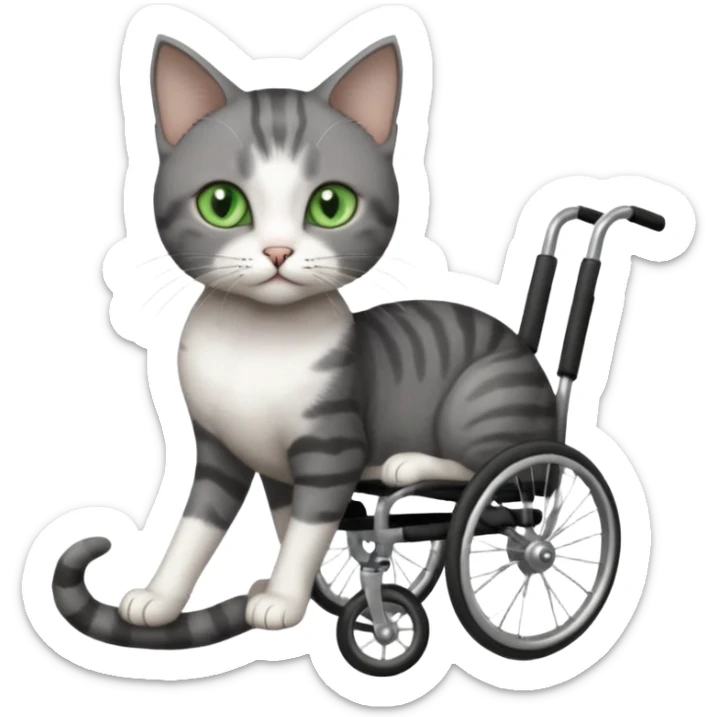 full body small short hair dark grey and white cat with green eyes walking in a wheelchair for cats sticker