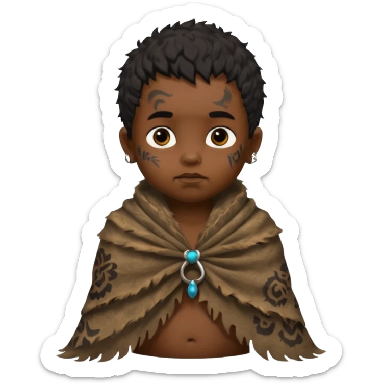 ancient hairy black baby tatooed boy, tattered animal skin shawl sticker