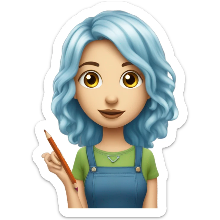 filles au yeux vert et bleu un mélange de couleurs au cheveux chatain mi oncé mi claire avec un appel pencil à la main en mode créative sticker