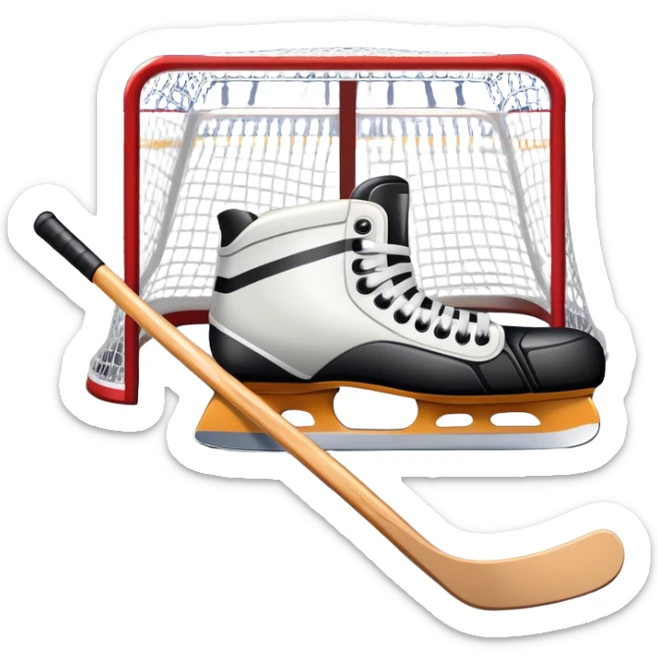 An icon showing a close-up of a hockey stick, puck, skates, and hockey net placed on the ice. The background features a packed stadium with bright lights, cheering fans, and snowy scenery outside. Transparent background highlights the key elements of the game. sticker
