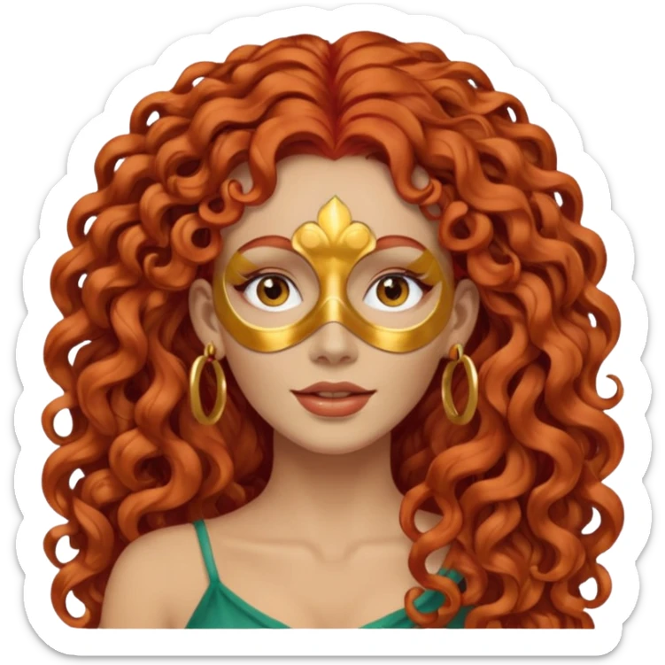 red haired very long curly haired woman with full face clay mask  and big earrings sticker