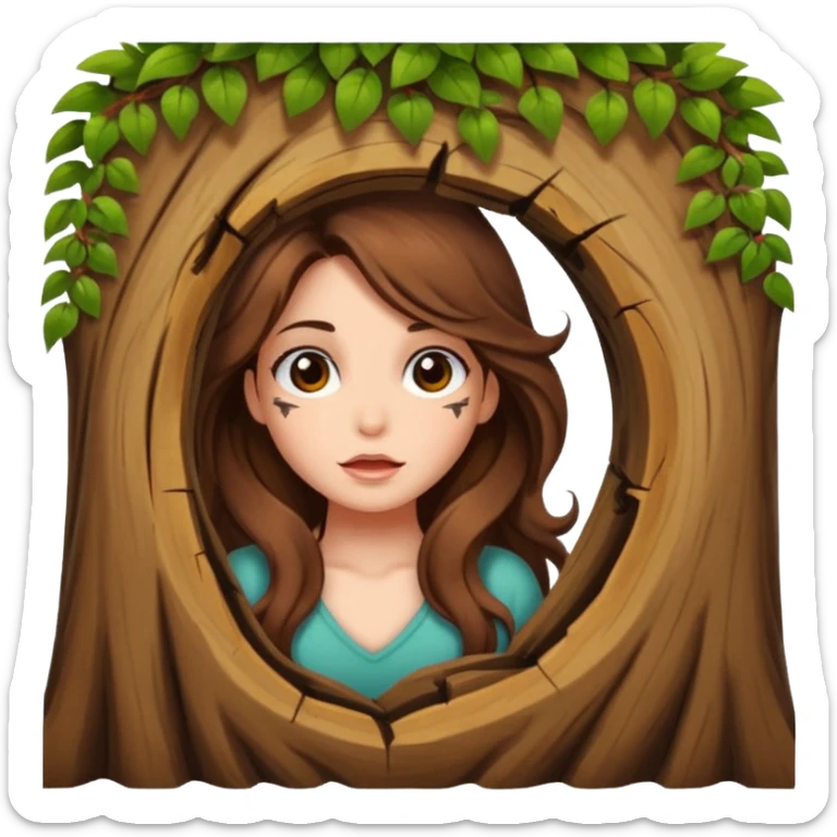 cute woman long wavy brown hair tattoos peeking from tree hole sticker