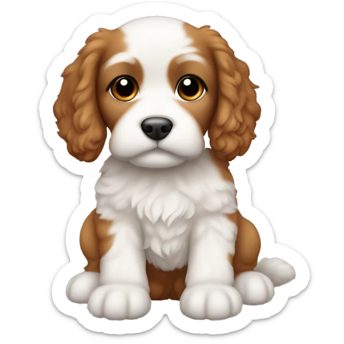 cockapoo puppy brownish orange in colour with white on stomach and chin. No white fur on forehead, and only white on the two back paws sticker