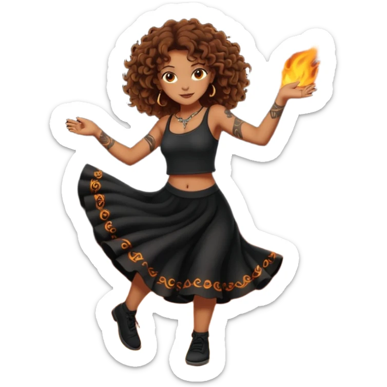 Sexy brown eyes, brown curly hair, white ethnicity with tattoo, mystic vibe, dancing in the fire in the night  sticker